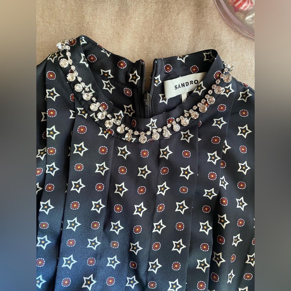 SANDRO Star Print Mini Dress Embellished Collar Sz 34 XS - Picture 6 of 17